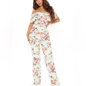 Fashion Nova Secrets in the Garden off shoulder mint floral fitted jumpsuit